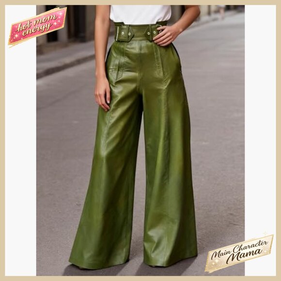 Faux Leather Wide Leg Pants High Waist Pleated Palazzo Trousers Chic Streetwear - Picture 2 of 7